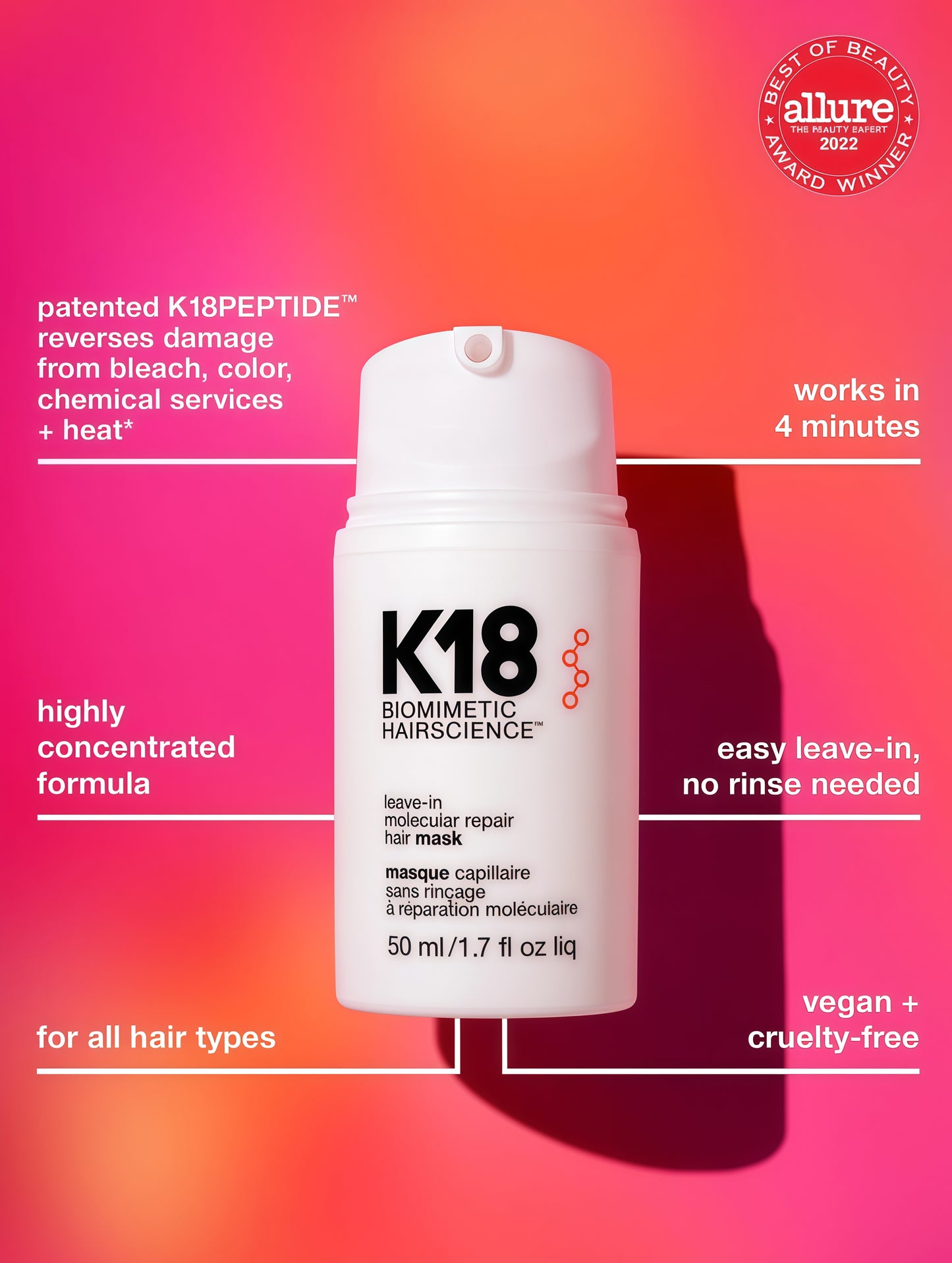 K18 Leave-In Molecular Repair Hair Mask, Patented, Lasting Repair For Dry, Frizzy, Damaged Hair, Reverse Damage In 4 Minutes From Bleach, Color, Chemical Services + Heat